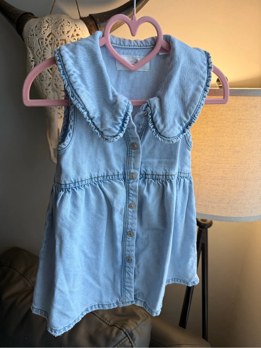 Zara Light Blue Denim Sleeveless Dress with Ruffled Peter Pan Collar
